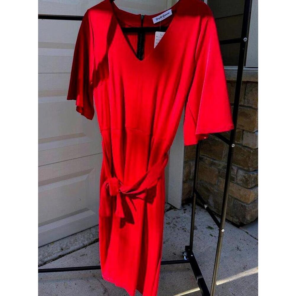 Brigitte Brianna Red Knee-Length Belted Dress Womens Fashion